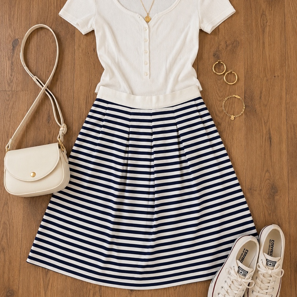 NWT LOFT Navy and White Striped A-Line Skirt